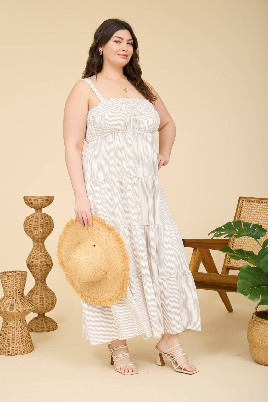 PLUS STRIPE SHIRRED MIDI DRESS