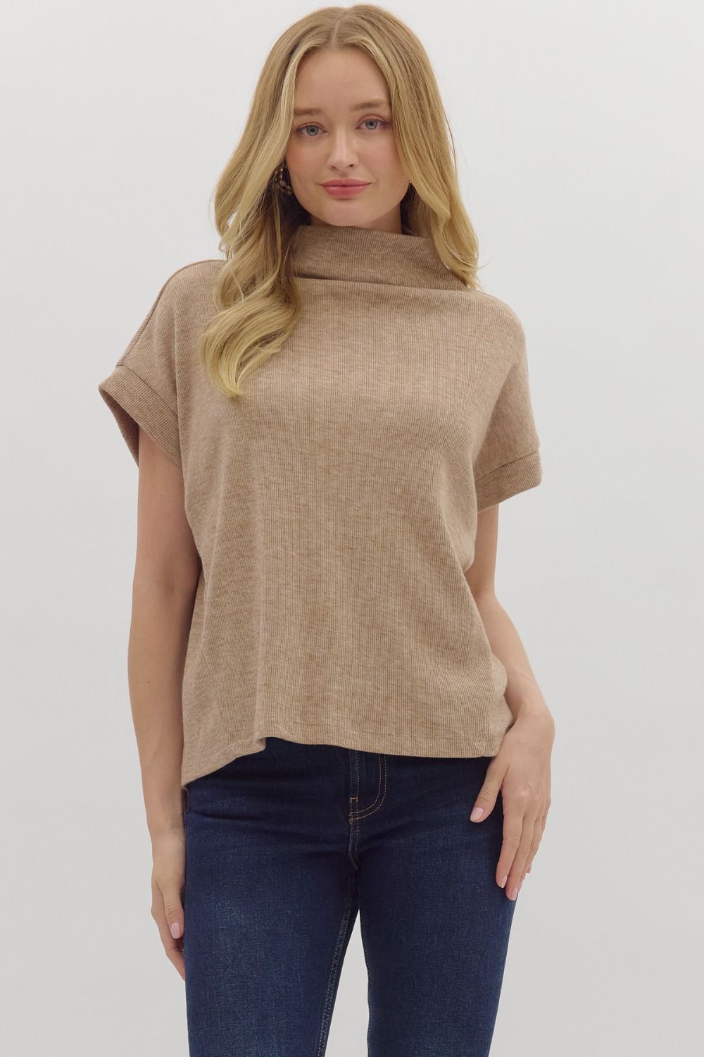 Solid Mock Neck Top with Rolled Cuffs