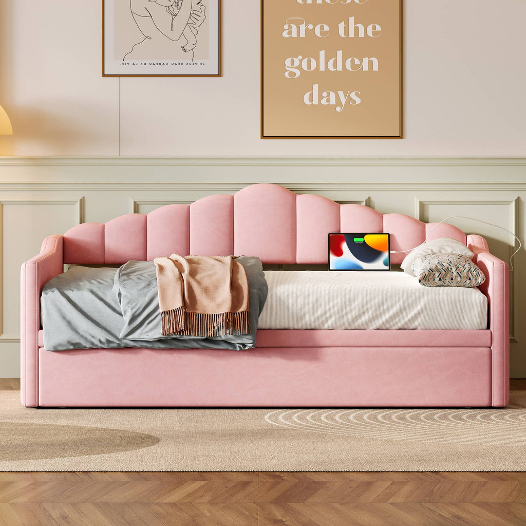 39F Inc. - Velvet Daybed with Pop Up Trundle USB Twin Beige/Pink