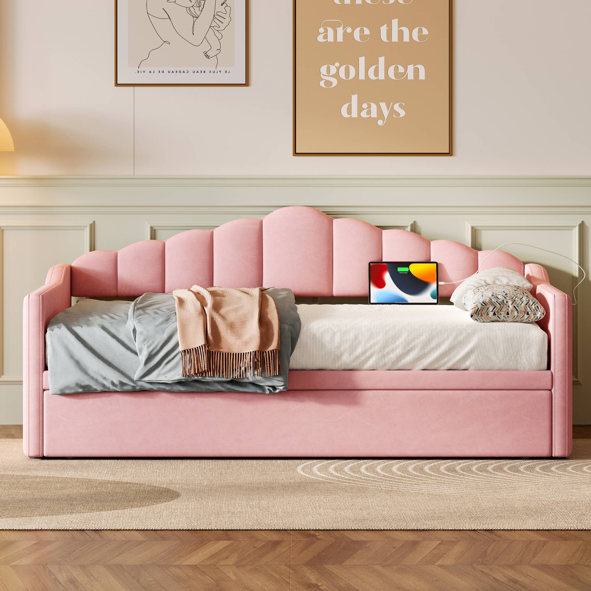 39F Inc. - Velvet Daybed with Pop Up Trundle USB Twin Beige/Pink