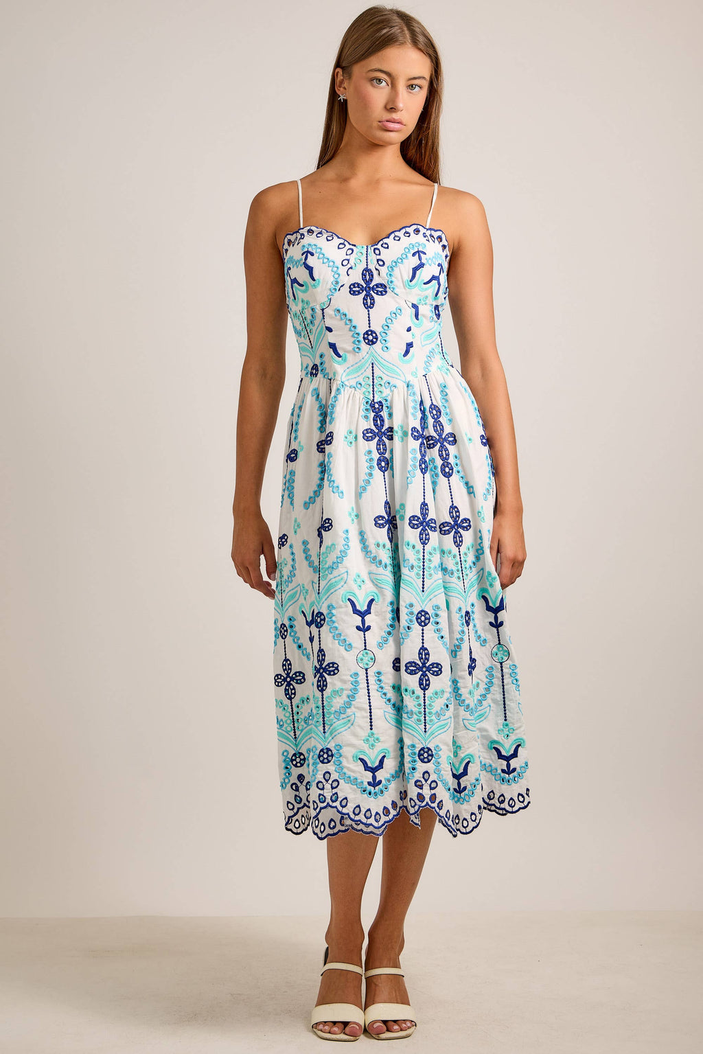 Embroidered Fit-and-Flare Midi Dress