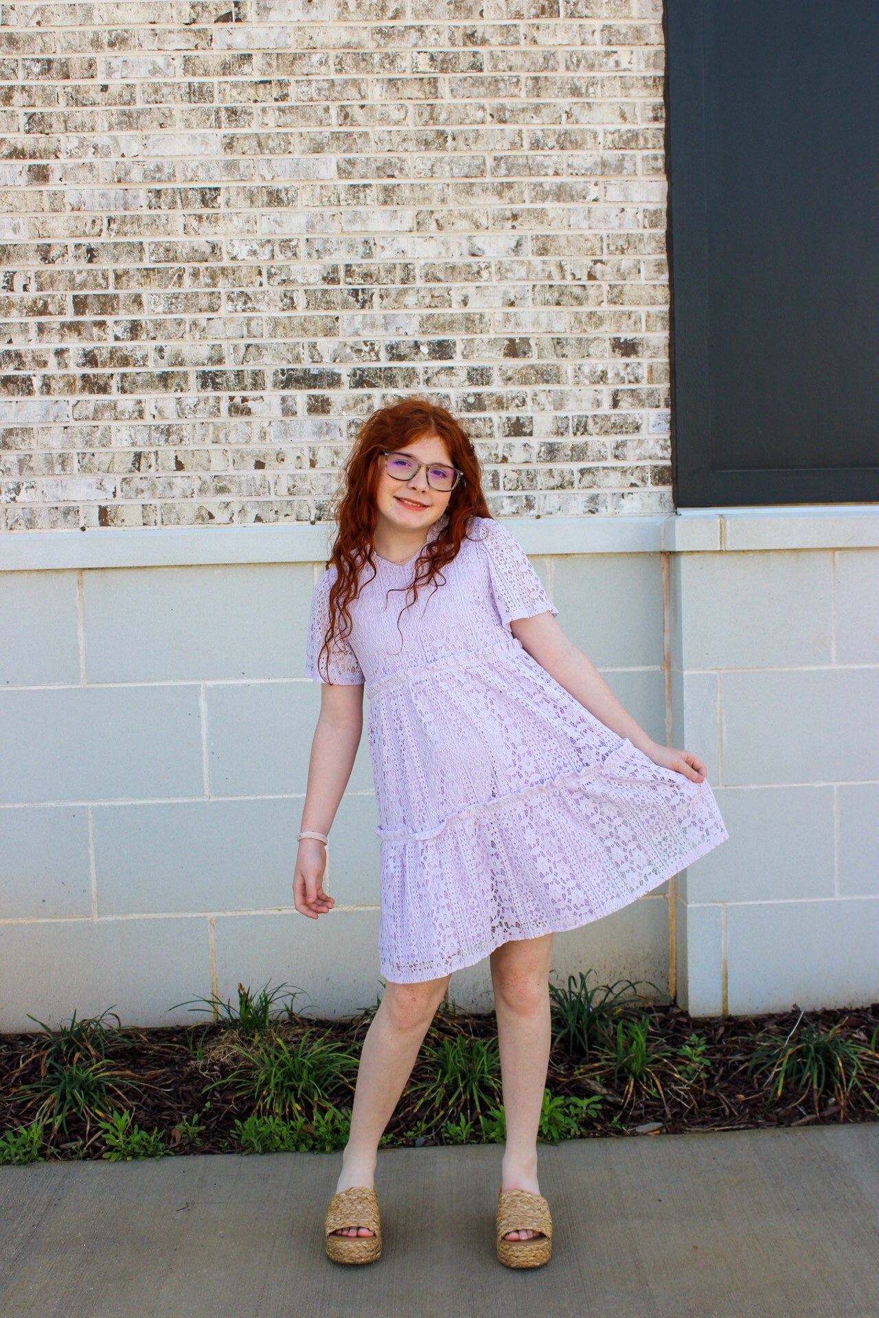 Girls Ruffle V Neck Tiered Floral Lace Dress
