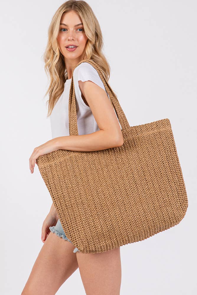 Solid Color Crochet Summer Straw Tote Bag