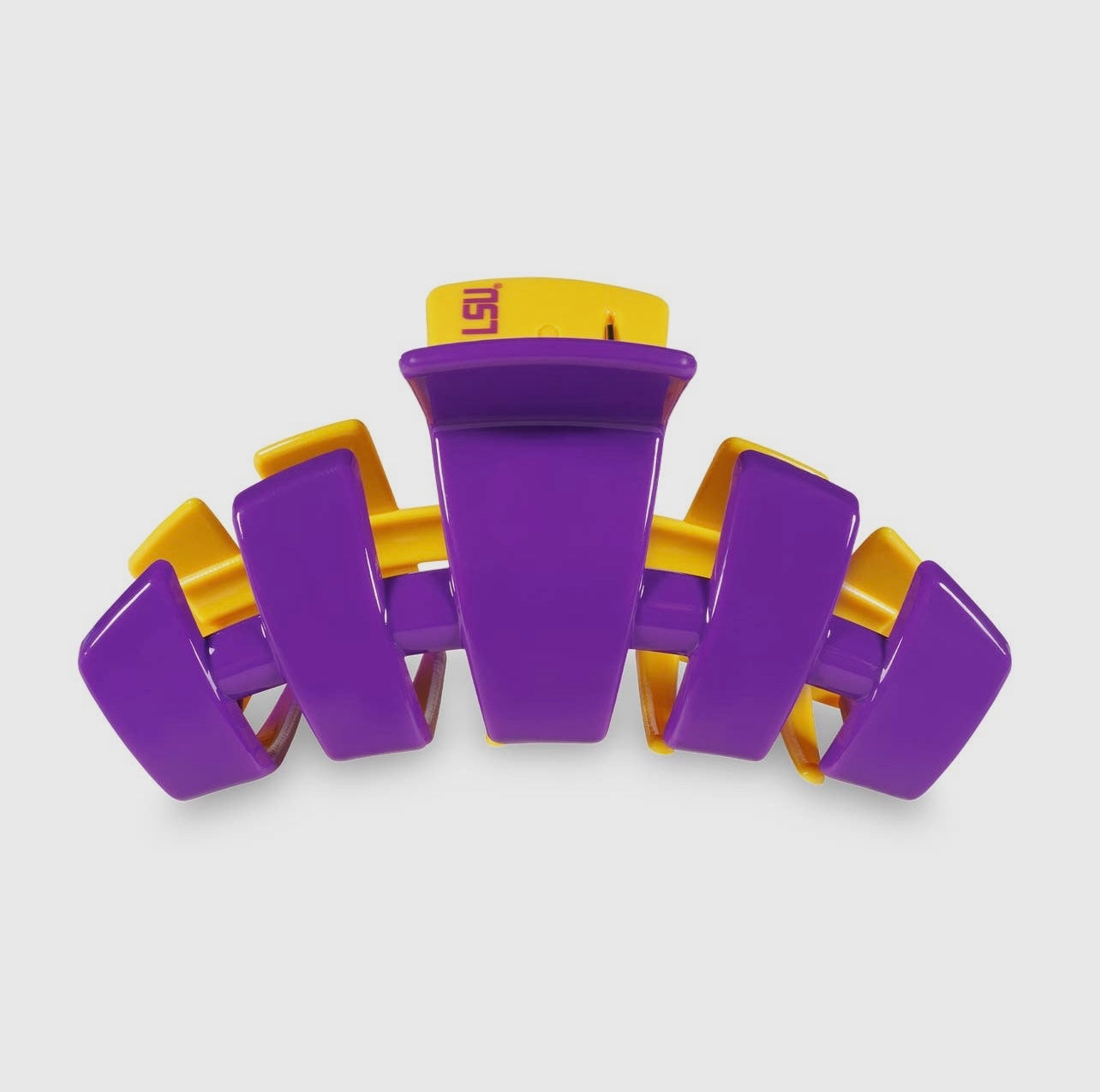 Louisiana State University Collegiate Teletie Claw Clip in gold and purple. Side view.