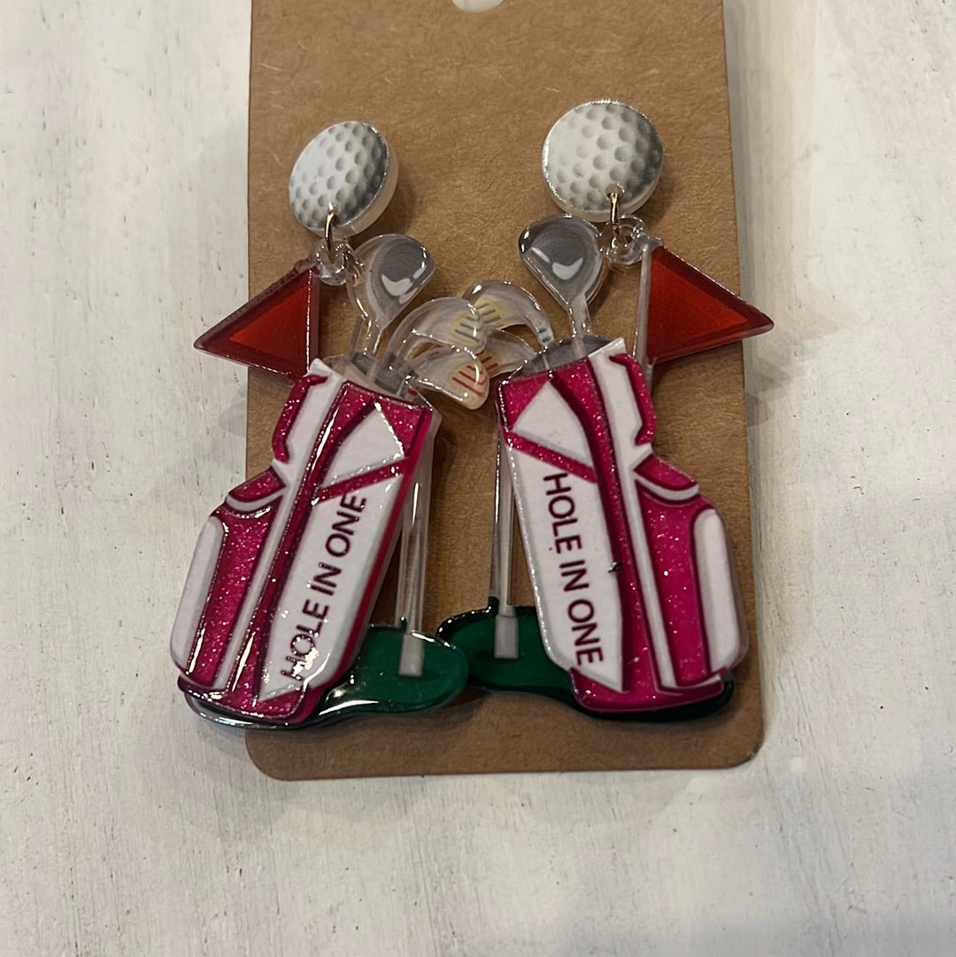 Pink resin golf bag earrings.