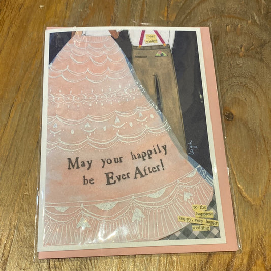 Card featuring a bride and groom, displaying "May your happily be ever after!"