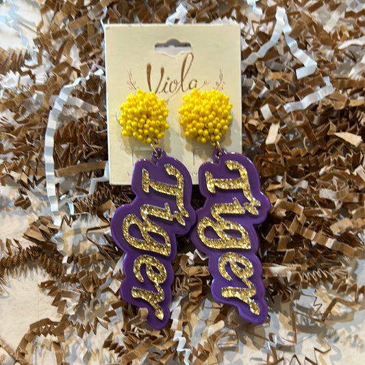 Purple and gold glitter "Tiger" acrylic earrings with yellow beaded studs.