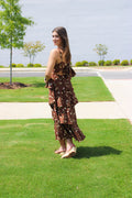 FLORAL RUFFLE TIERED BACK TIE SPAGHETTI MIDI DRESS