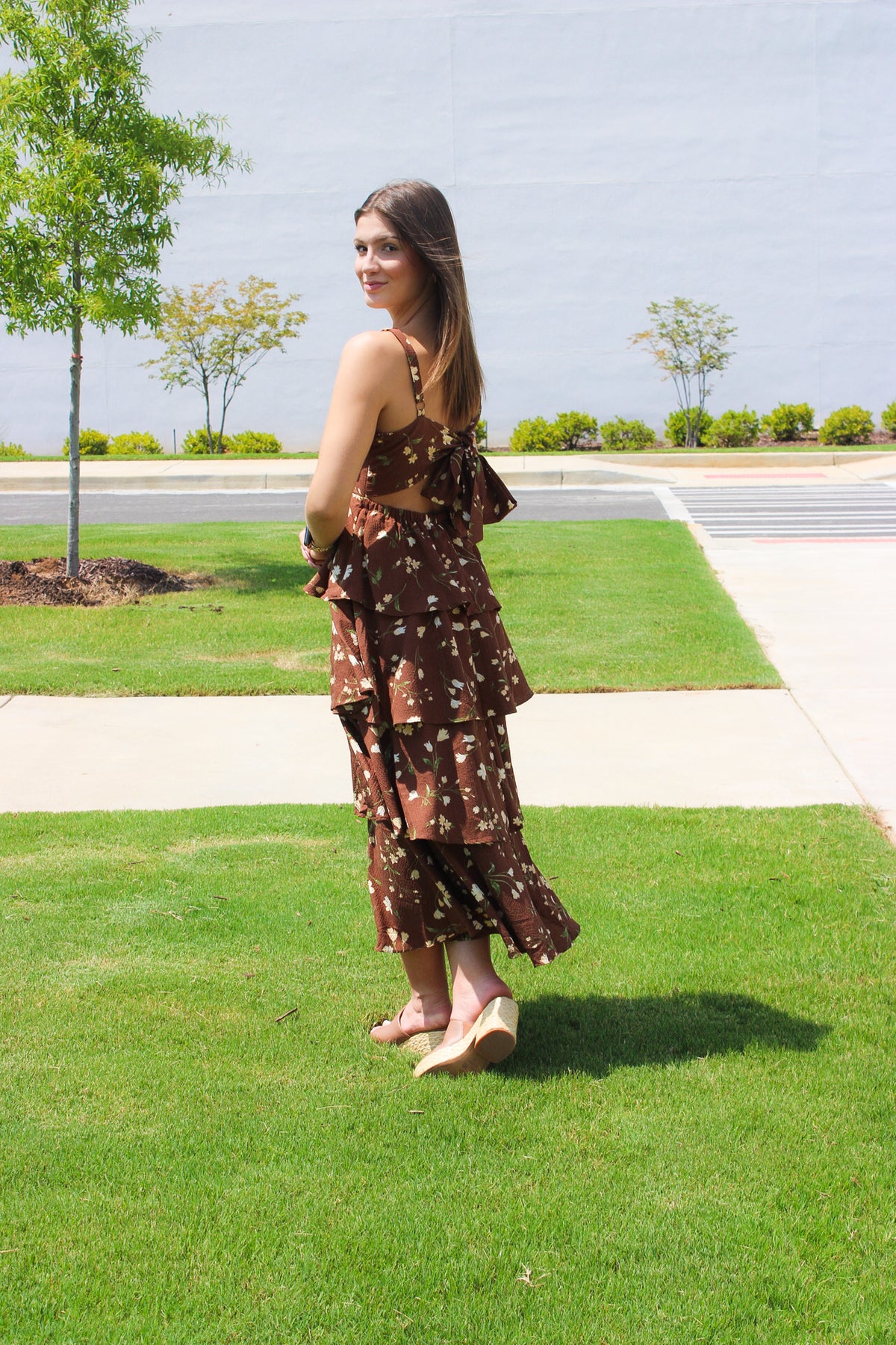 FLORAL RUFFLE TIERED BACK TIE SPAGHETTI MIDI DRESS