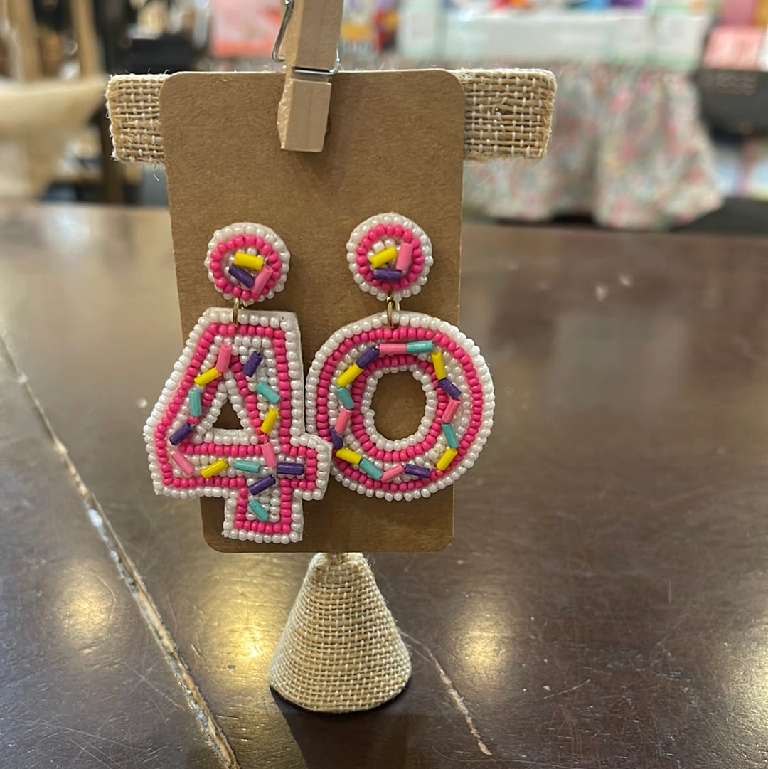 Beaded "40" birthday earrings.