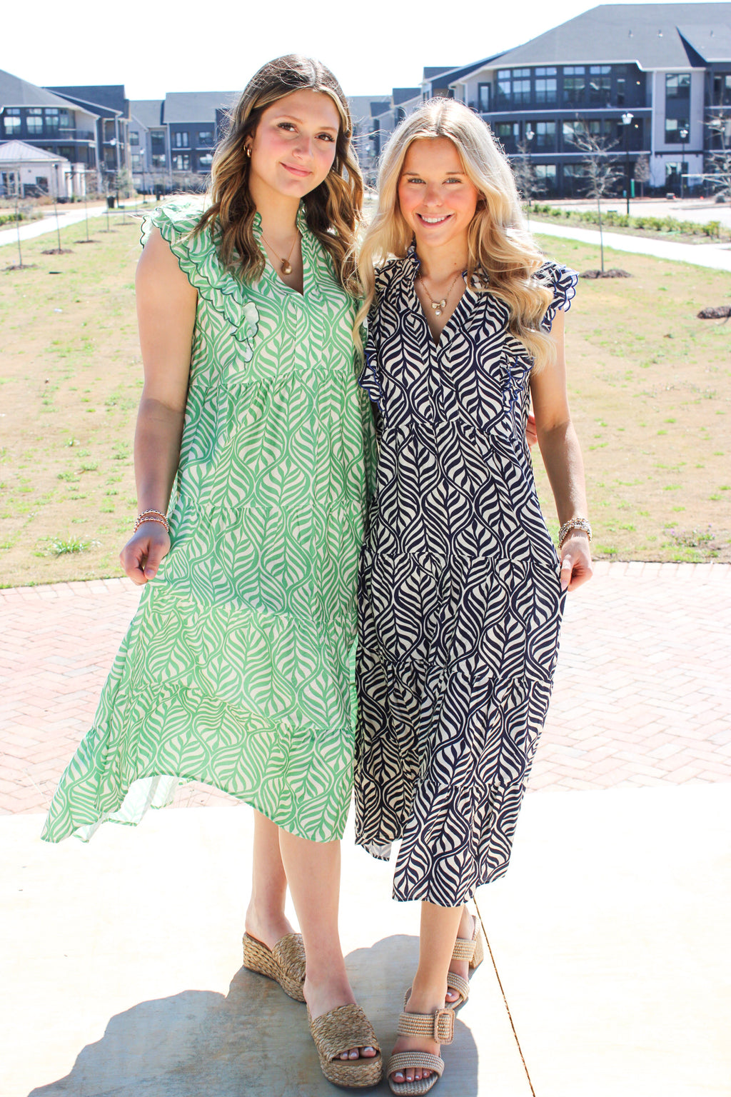 Leaf Print Tiered Midi Dress