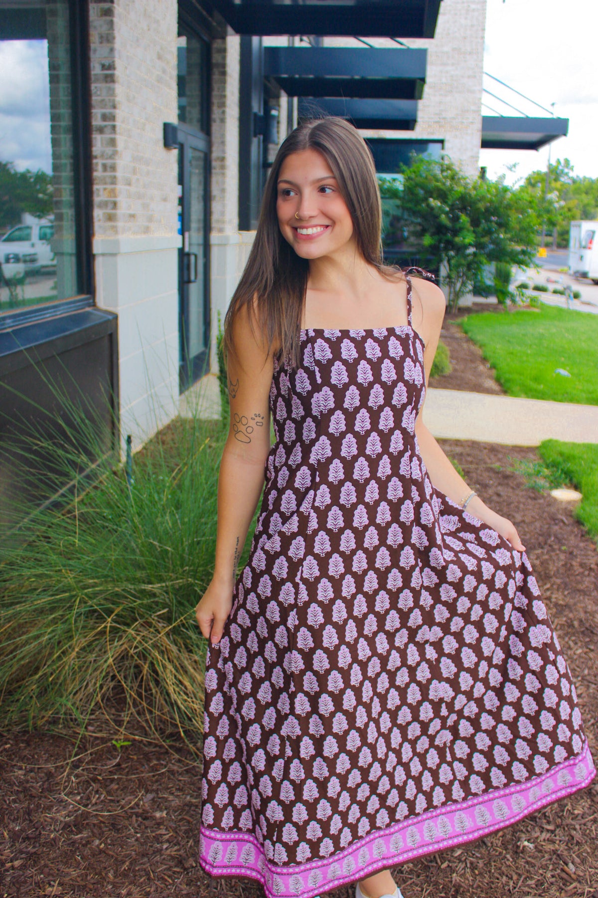 Border Print Tie-Shoulder Midi Dress