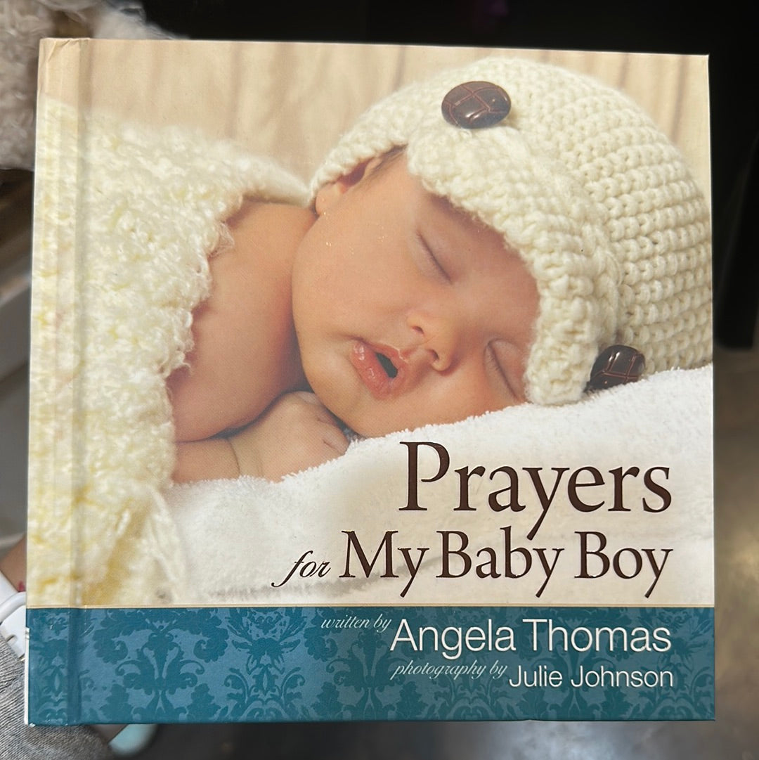 Book with a baby on the cover titling "Prayers for My Baby Boy".