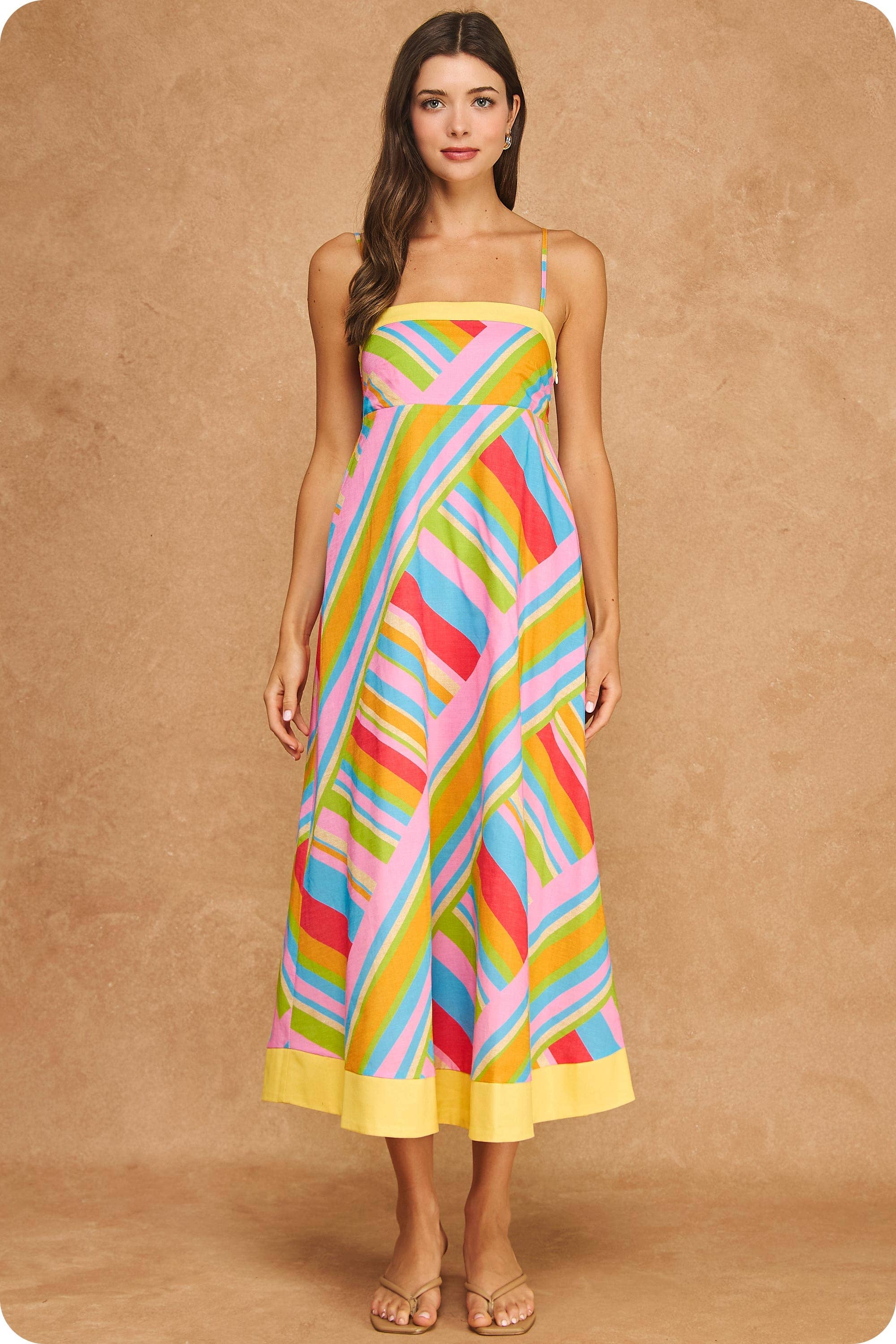 Strut & Bolt - Vibrant Geometric Stripe Contrast Midi Dress