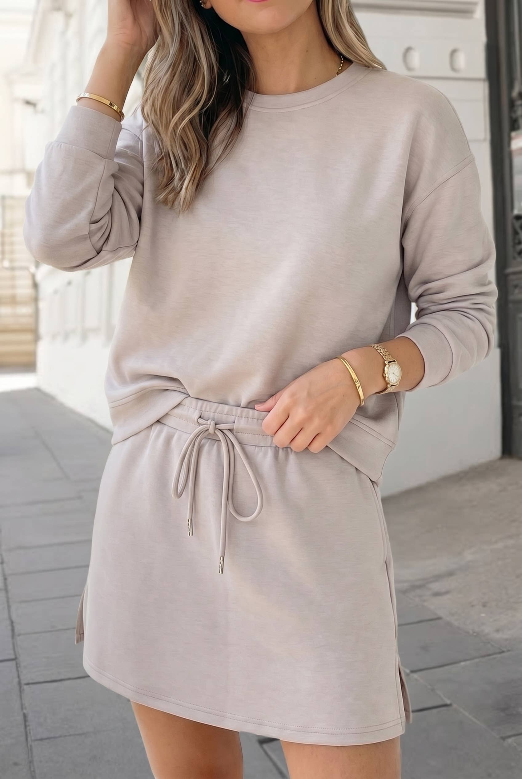 Aapparella - Solid Pullover Drawstring Mini Skirt 2pcs Outfit | S-XL