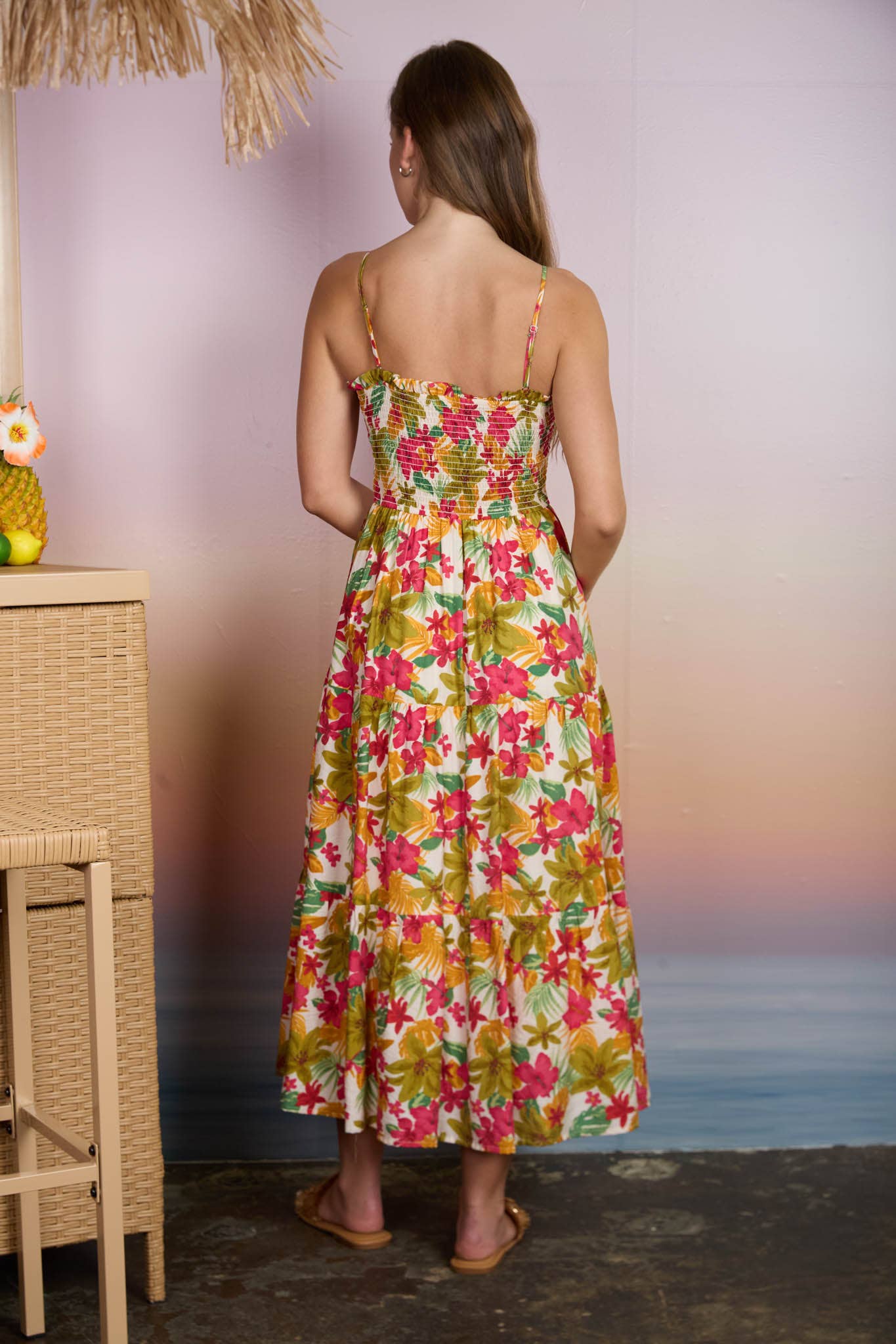 TROPICAL FLORAL SMOCKED SPAGHETTI STRAP MIDI DRESS
