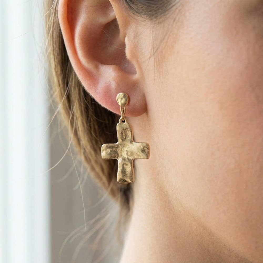 Vintage Metallic Cross Stud Dangle Earrings