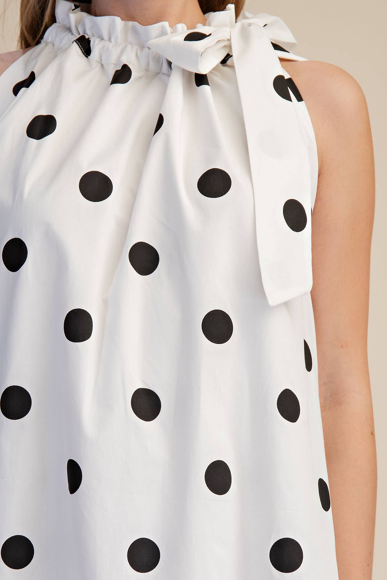 Ruffle Neck Tie Polka Dot Sleeveless Midi Dress