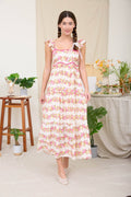 WAVY FLORA PATTERN SLEEVELESS TIERED MIDI DRESS