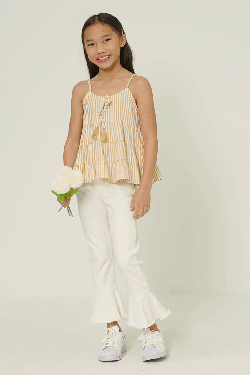 Girls Vertical Stripe Tassel Tie Tiered Tank