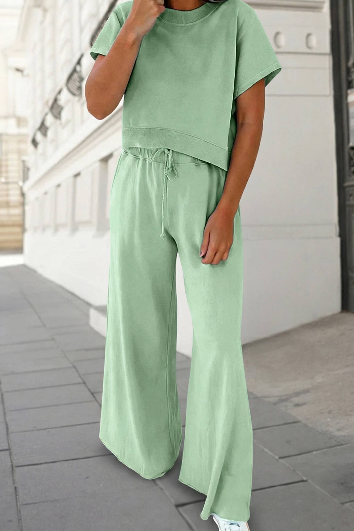 Aapparella - Soft Color Tee & Wide Leg Pants 2pcs Set | S-XL Plus 1X-4X