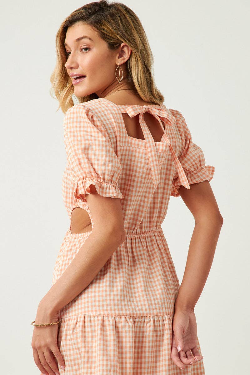 Womens Square Neck Side Cutout Tie Detail Gingham Dresss