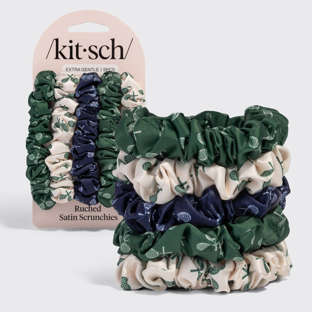 KITSCH - Ruched Satin Scrunchies 5pc Set - Cream, Court Green & Navy Blue