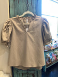 Scalloped V Neck Textured Puff Sleeve Tan Top