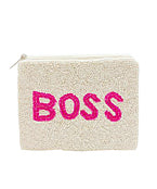 White beaded coin bag with "BOSS" in pink beading.