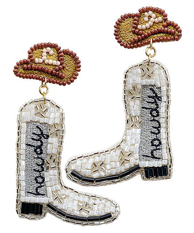 Beaded dangle earrings with cowboy hats and boots featuring "howdy".