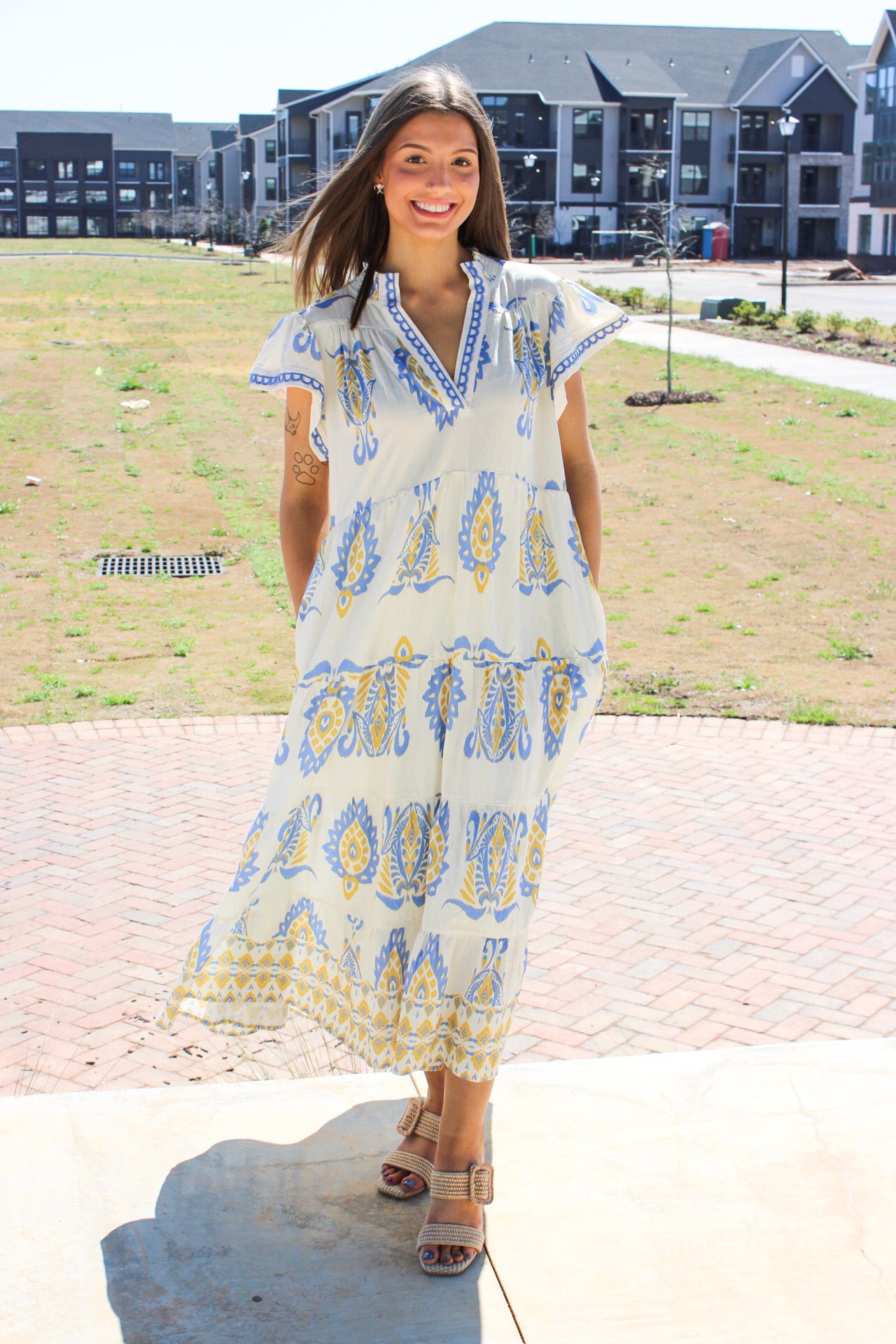Print Flutter Sleeve Tiered Midi Dress
