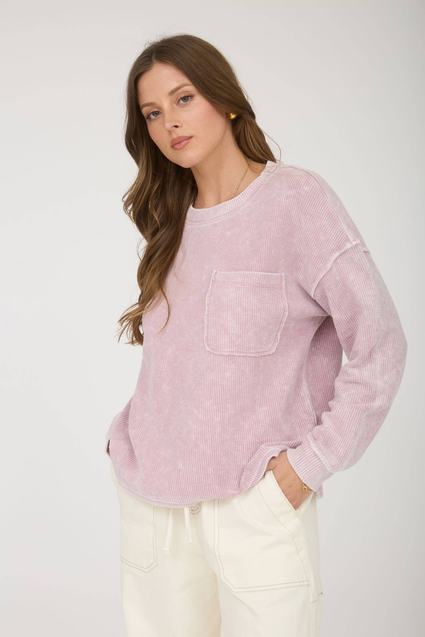 J.O.A - WASHED POCKET DETAIL LONG SLEEVE RIB KNIT TOP