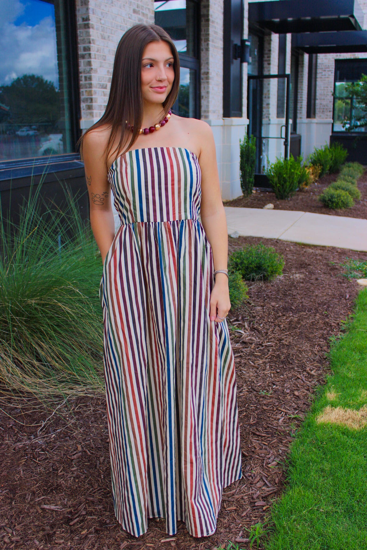 Multi Stripe Strapless Maxi Dress