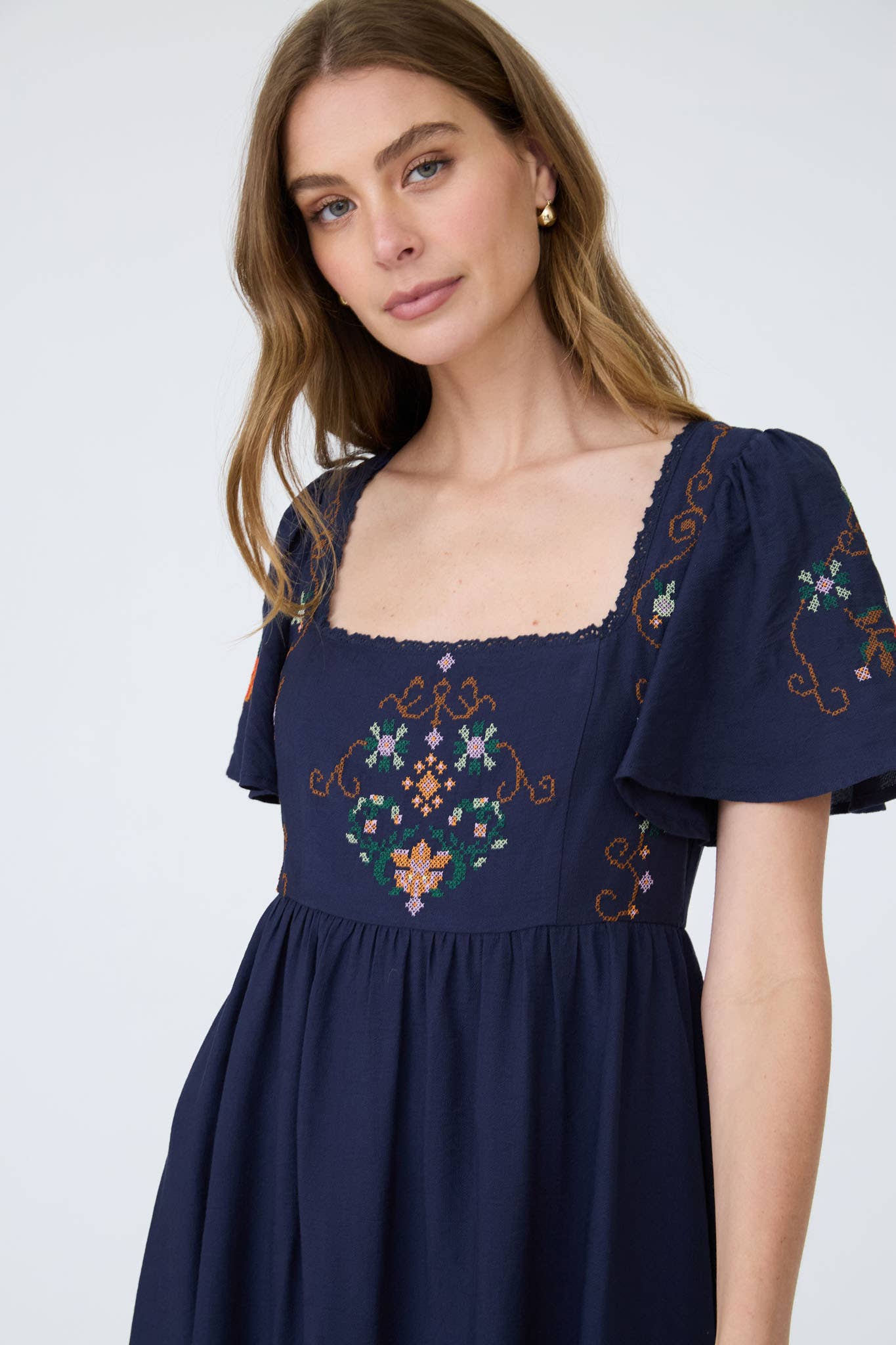 Blu Pepper - EMBROIDERY DETAIL BELL SLEEVE MIDI DRESS