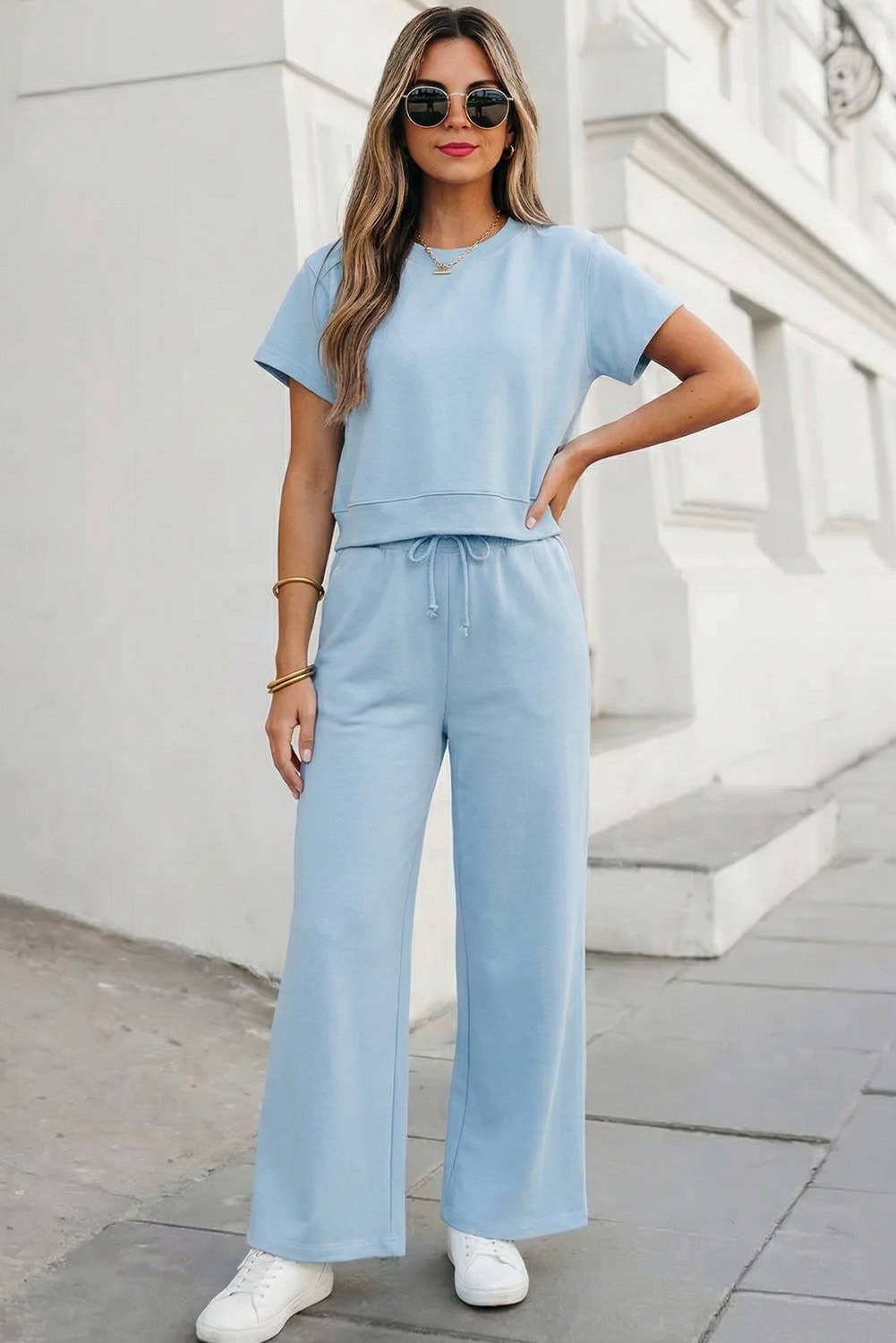 Aapparella - Soft Color Tee & Wide Leg Pants 2pcs Set | S-XL Plus 1X-4X
