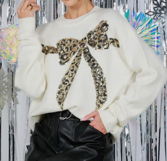 Leopard Sequin Bow Embellishment Crew Neck Sweater