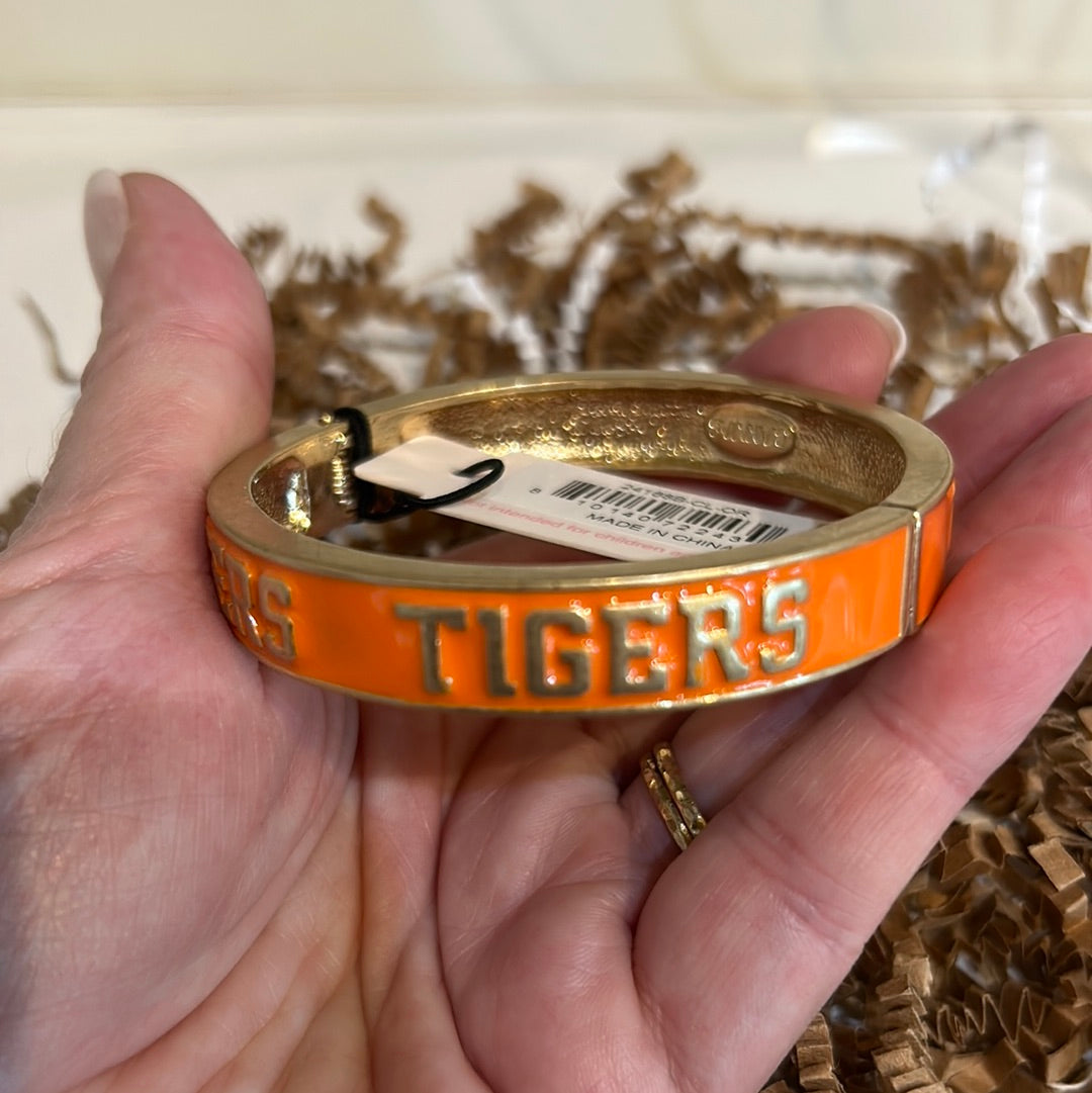 Gold and orange College Enamel Hinge Bangle with "TIGERS".