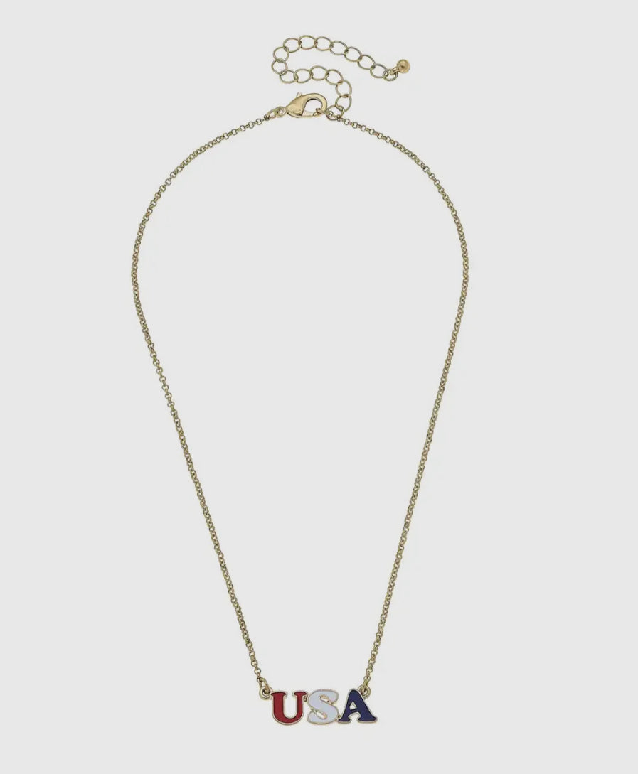 Canvas USA Enamel Necklace in Red, White, Blue, & Worn Gold