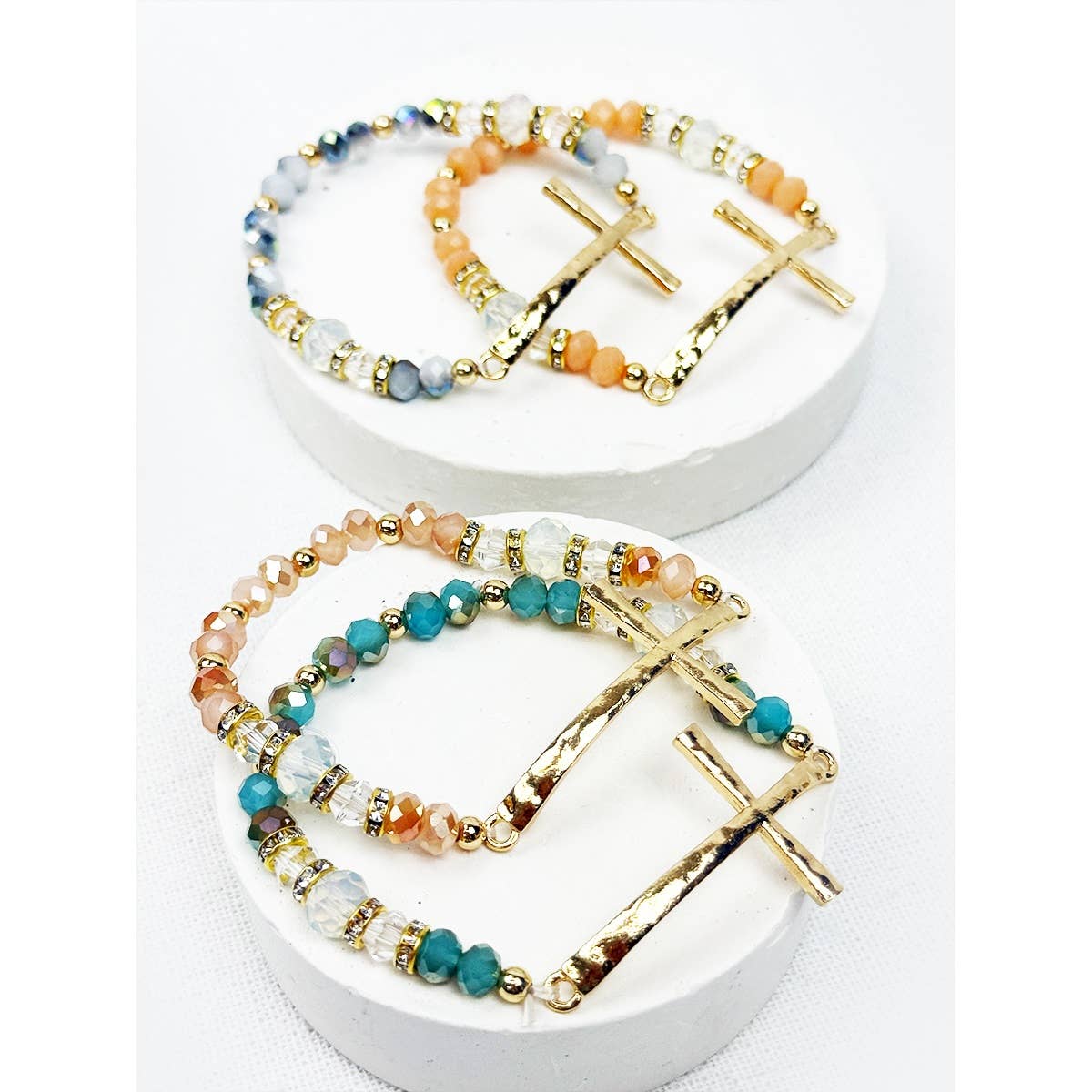 Love and Repeat - Hammered Cross Bead Stretch Bracelet