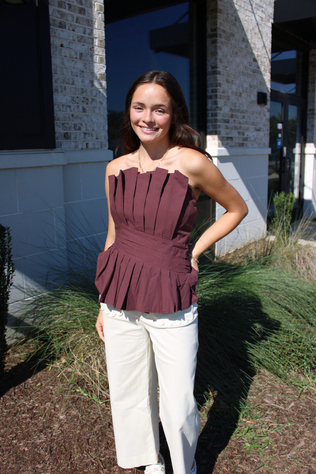 Solid Strapless Top With Pleated Detail