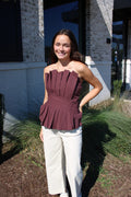 Solid Strapless Top With Pleated Detail
