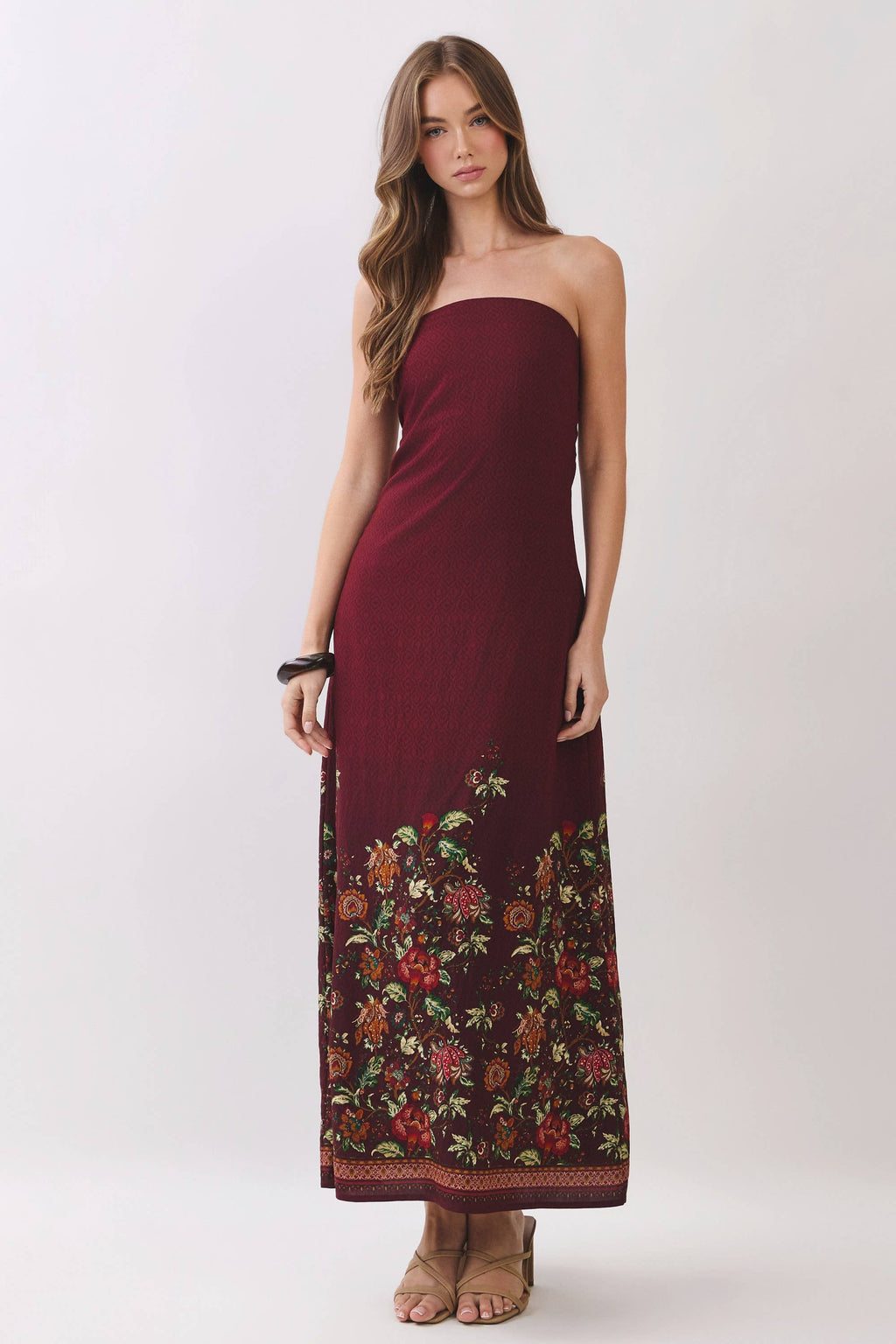 TCEC - CD07414-Border Floral Strapless Maxi Dress