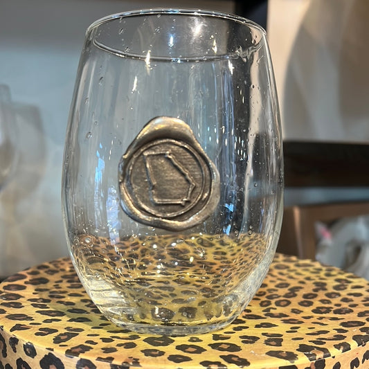 Hand blown drinking glass with custom pewter Georgia stamp.