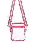Clear bag with zipper pocket and pink striped strap.
