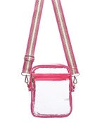 Clear bag with zipper pocket and pink striped strap.