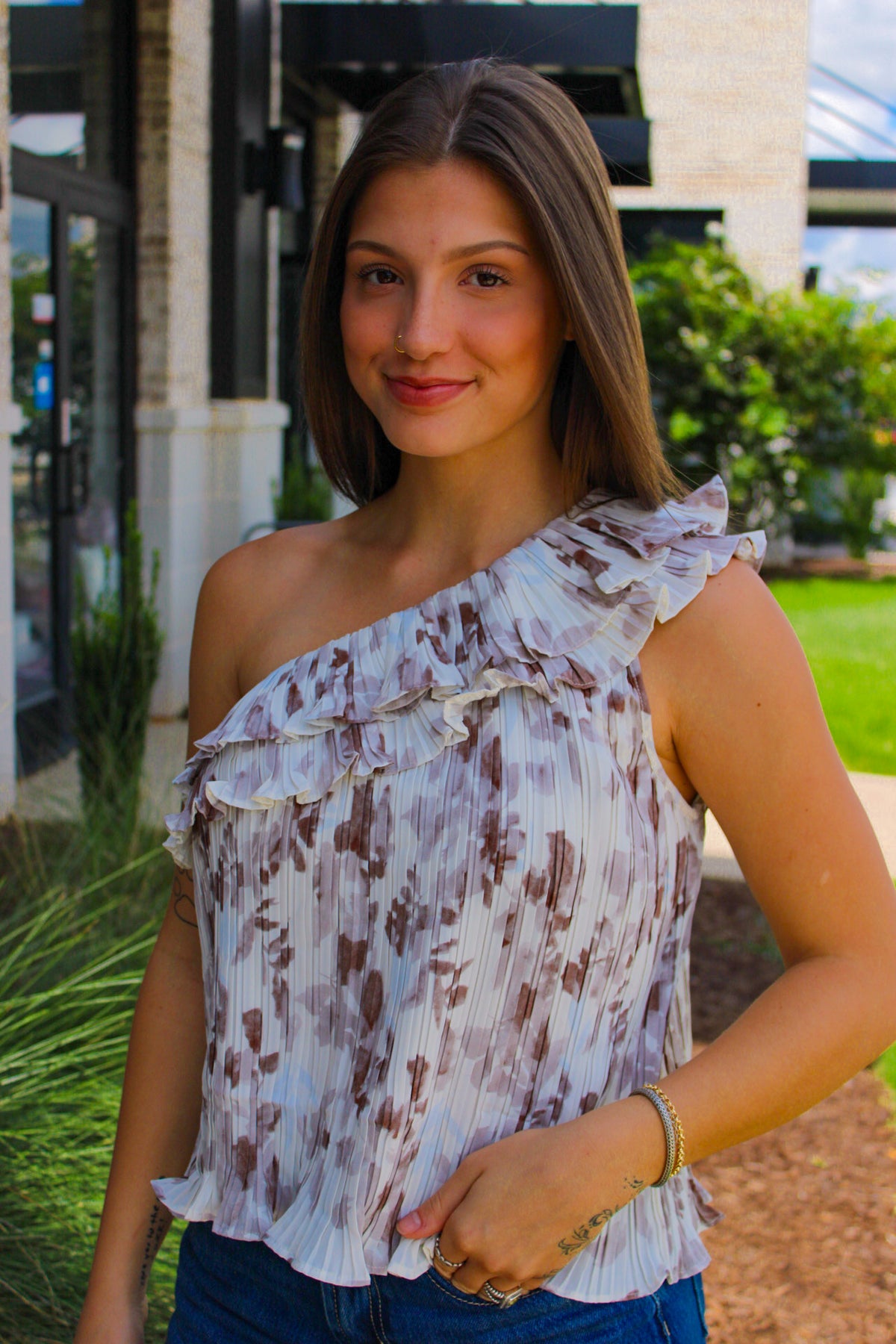 Leaf Print One Shoulder Pleated Top