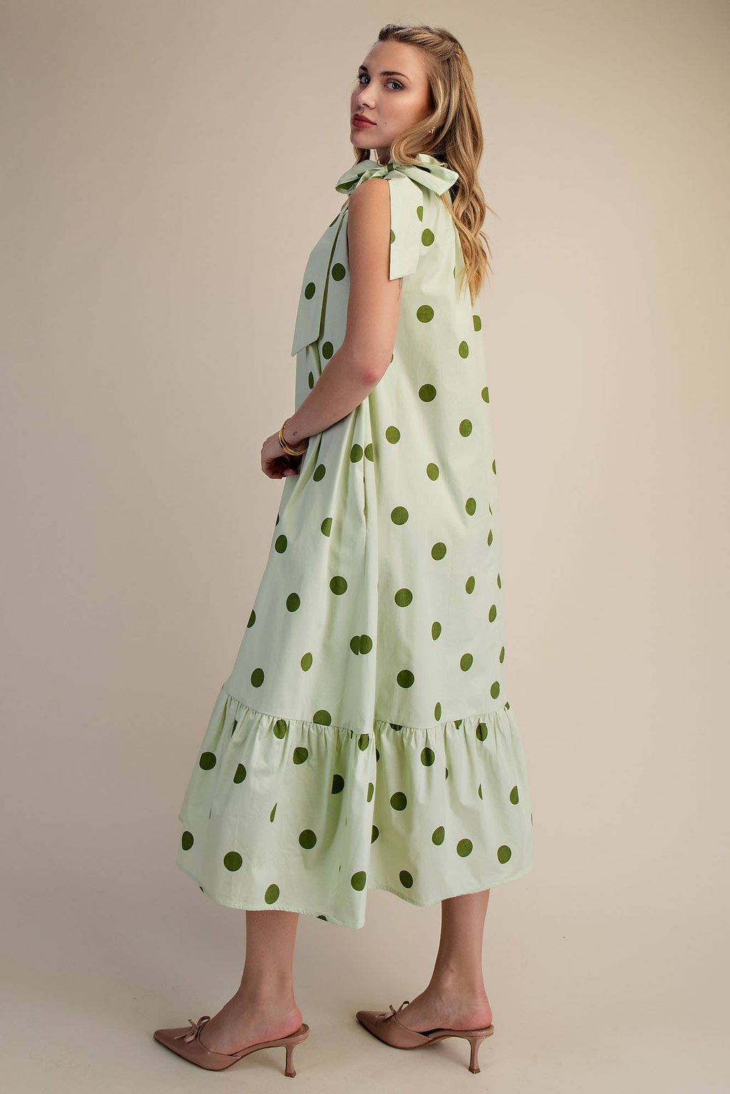 Ruffle Neck Tie Polka Dot Sleeveless Midi Dress