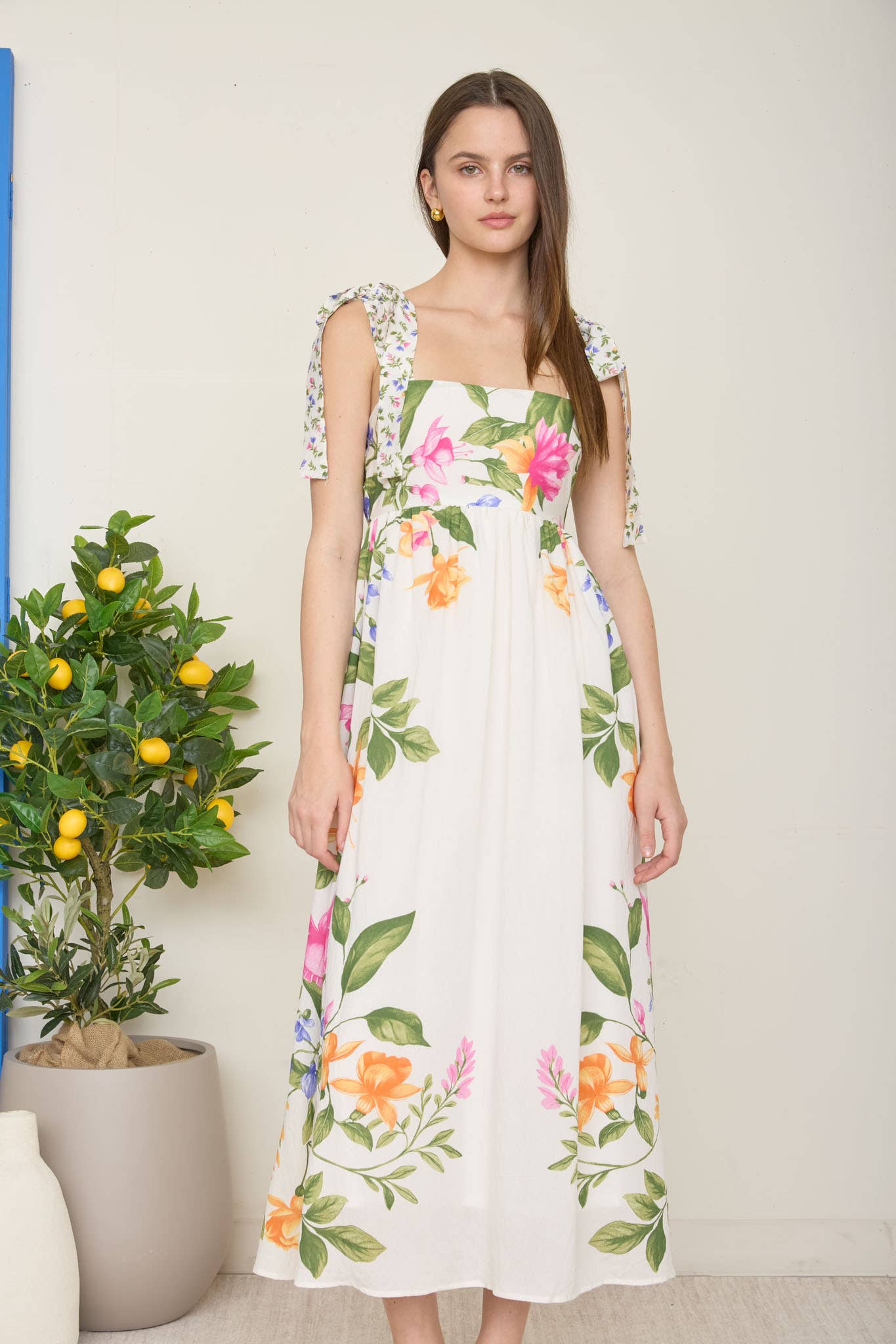 FLORAL TIE STRAP DETAIL EMPIRE WAIST MIDI DRESS