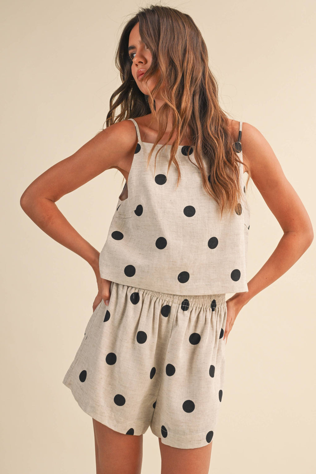 POLKADOT LINEN SLEEVELESS TOP AND SHORTS SET