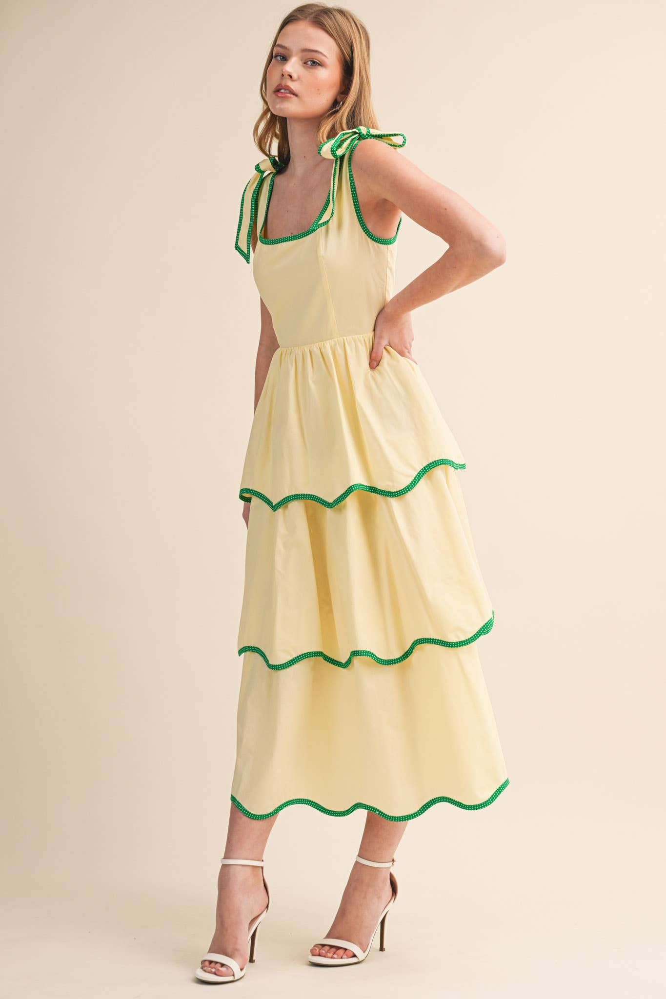 CONTRAST BINDING TIERED MIDI DRESS